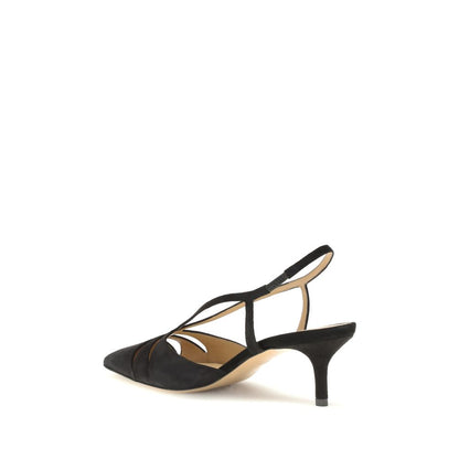Francesco Russo Black Calf Leather Bos Taurus Mid Heel Pumps with almond toe and cut-out details, side view.