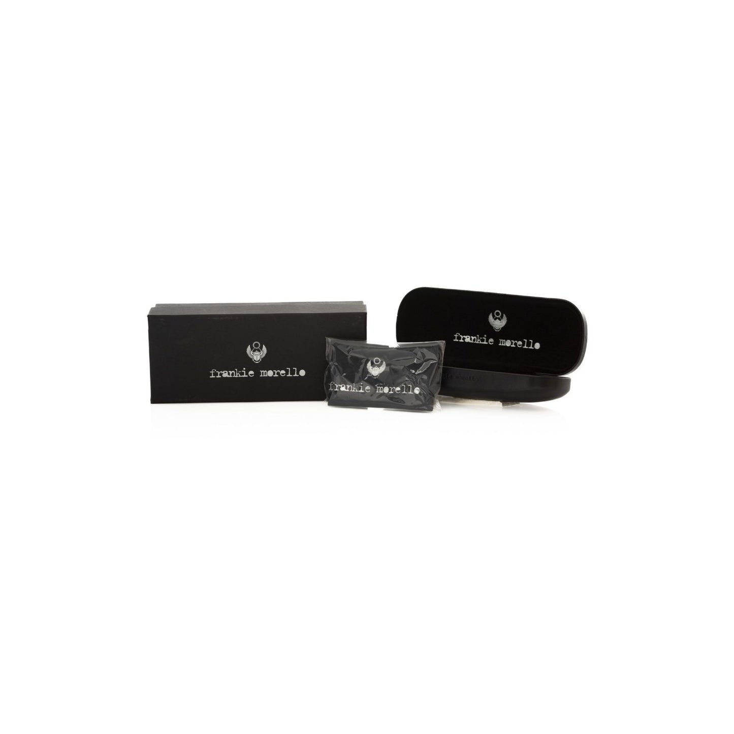 Frankie Morello Black Metallic Unisex Frame packaging with logo, eyeglass case, and cleaning cloth, showcasing sleek Italian design.