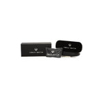 Frankie Morello Black Metallic Unisex Frame packaging with logo, eyeglass case, and cleaning cloth, showcasing sleek Italian design.