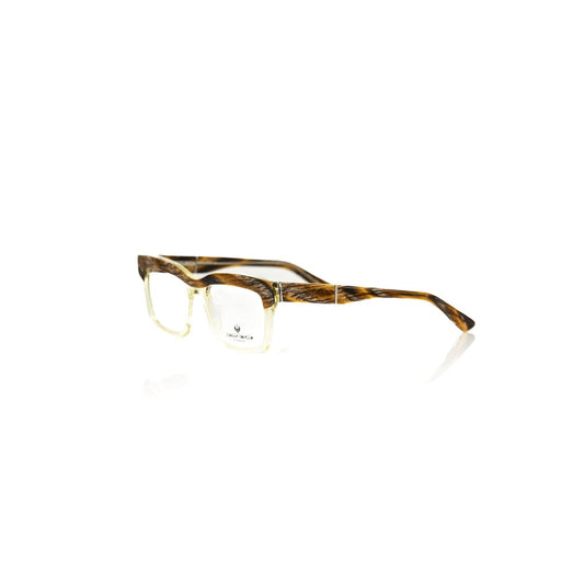 Frankie Morello Brown Acetate Unisex Frame eyeglasses with transparent and Havana design highlighting Italian craftsmanship.