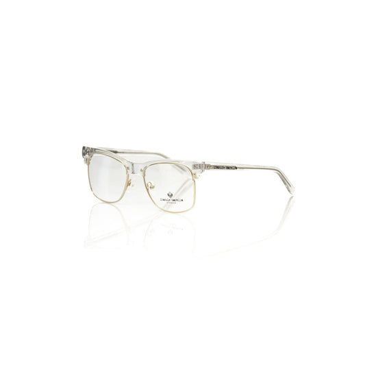 Frankie Morello Gold Metallic Unisex Eyeglass Frame with transparent temples and logo detail.