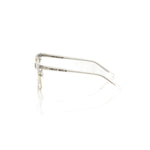 Frankie Morello Gold Metallic Unisex Eyeglass Frame with transparent temples and logo from side view, Clubmaster model.