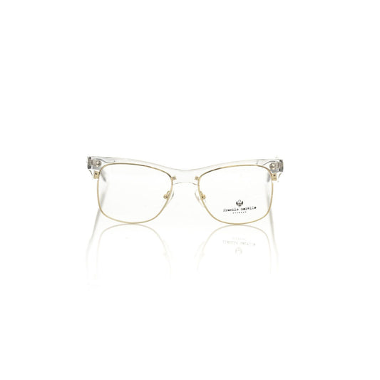 Frankie Morello Gold Metallic Unisex Eyeglass Frame with chic upper profile and transparent temples featuring logo detail.