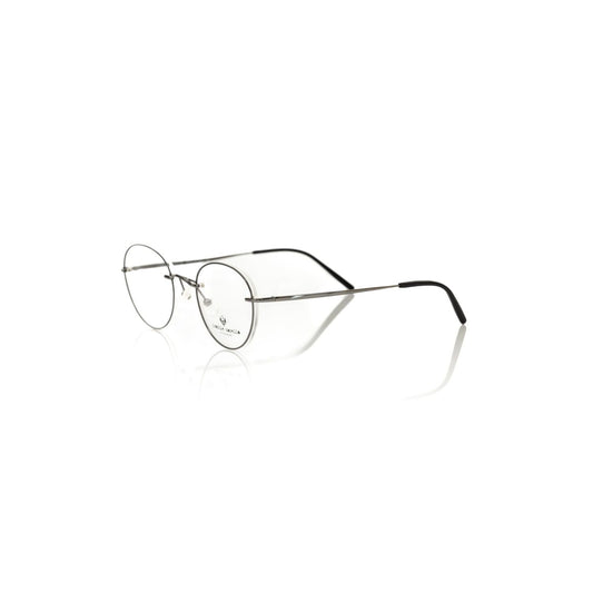 Frankie Morello Gray Metallic Unisex Eyeglass Frame with round design, Italian craftsmanship showcased on sleek white background.