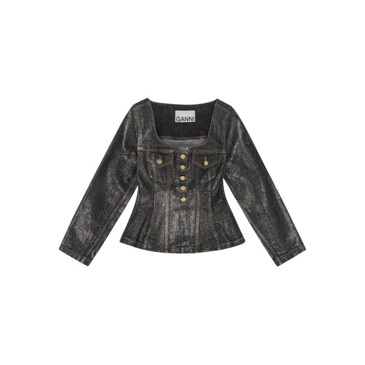 GANNI Jackets Black - Denim cotton blazer with peplum waist, chest flap pockets, and front button fastening.