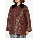 GANNI Jackets Brown with quilted design, contrasting collar, snap button fastening, flap pockets, and logo pattern, made of nylon.