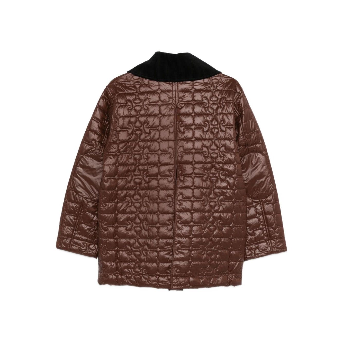 GANNI Jackets Brown - Brown quilted nylon jacket with contrasting collar, snap button fastening, flap pockets, and logo pattern.