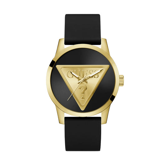 Gold and black watch with triangle logo on face, GUESS Mod. BADGE design