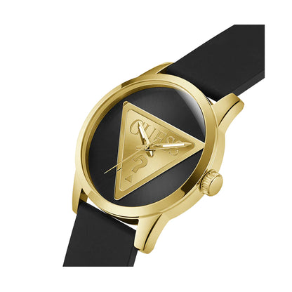 Gold and black watch GUESS Mod. BADGE with triangle logo on face.