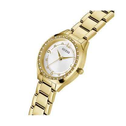 GUESS Mod. CHARLOTTE luxurious gold wristwatch for ladies, 3 ATM water resistance, quartz movement, stylish SS IP gold case and strap.
