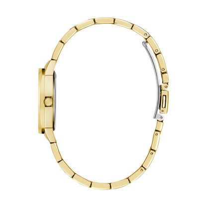 GUESS Mod. CHARLOTTE wristwatch side view, 3 ATM water resistant, IP gold SS case and strap, quartz movement in official packaging.