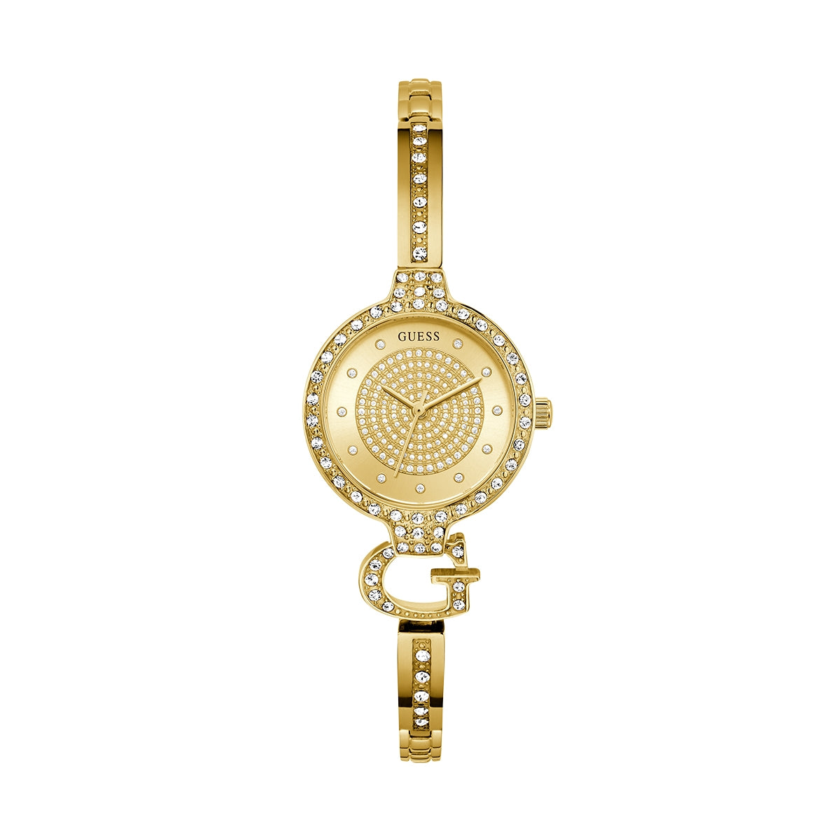 GUESS Mod. GISELLE gold-tone watch with crystal accents and elegant bracelet design.