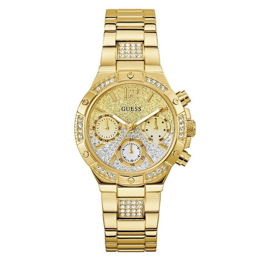 Luxury gold watch with crystal accents, model GUESS Mod. HARLOW, featuring a chic design with chronograph functionality.