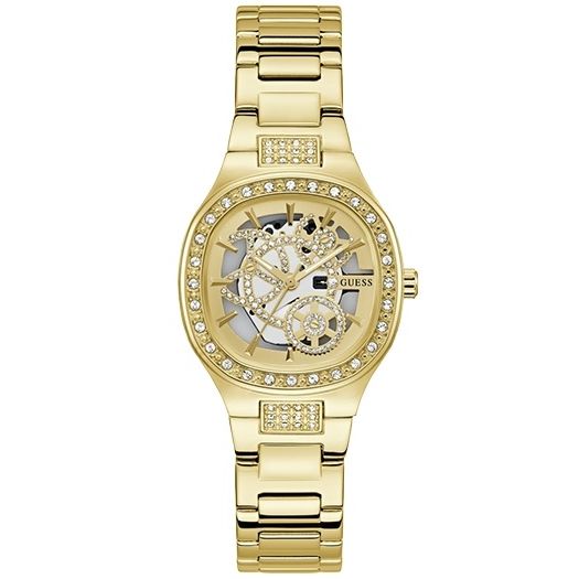 Luxury watch GUESS Mod. ELECTRA in gold with a diamond-accented bezel and skeleton dial, elegant and stylish accessory