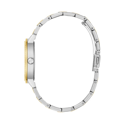 Side view of silver and gold watch from GUESS Mod. G Lace collection, highlighting slim case and bracelet design.