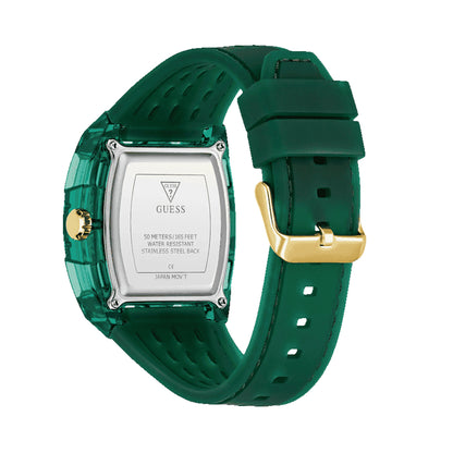 Back view of GUESS Mod. PHOENIX green watch with gold buckle and stainless steel back, featuring water-resistant design.