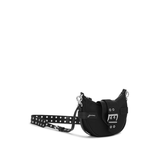 Ganni Bucky Small Shoulder Bag, black recycled nylon, embossed logo, detachable strap, eco-friendly fashion accessory