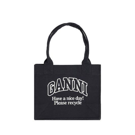 Ganni Cotton Tote Bag featuring top handles and Ganni monogram, perfect for everyday use.