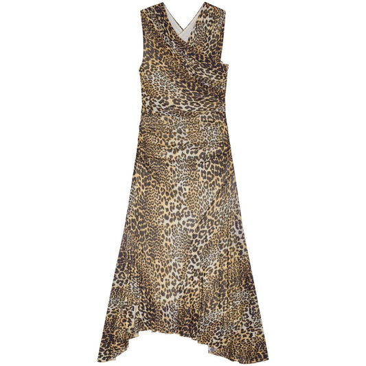 Ganni Leopard Marl Mesh Long Ruched Crossover Dress Dresses