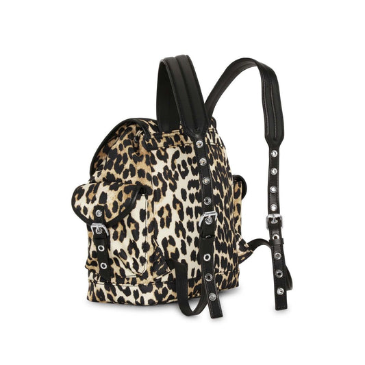 Ganni Leopard Small Nylon Bucky Backpack with brown buckle fastening and drawstring, 11" height, 5" depth, stylish and compact.