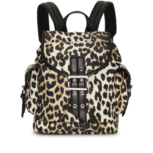 Ganni Leopard Small Nylon Bucky Backpack with buckle fastening, foldover top, and drawstring, perfect for stylish organization.