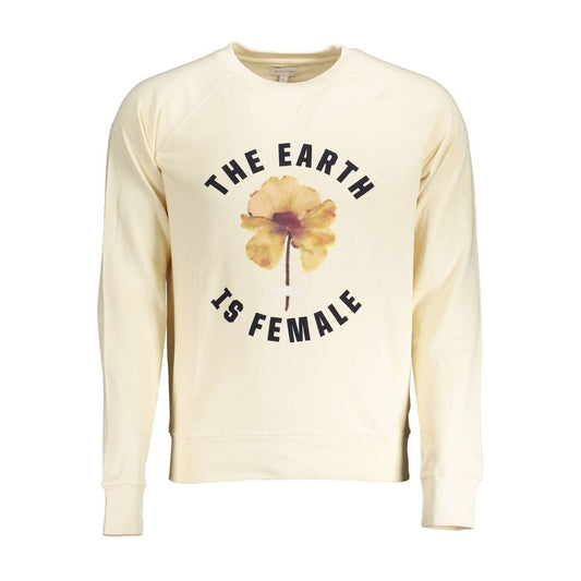Beige sweatshirt with 'The Earth is Female' text and floral design, showcasing casual style and environmental message.