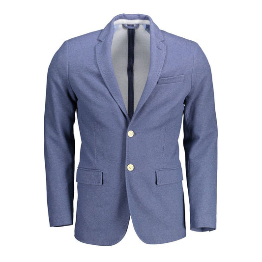 Gant Blue Cotton Men Jacket with 2-button closure, long sleeves, crafted from cotton and polyester, perfect for versatile style.