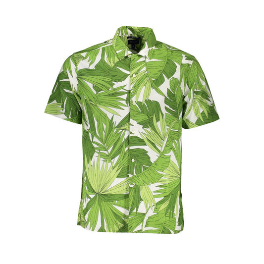 Gant Green Cotton Men Shirt with a leafy pattern, sustainable short sleeve design, made of pure organic cotton for stylish comfort.