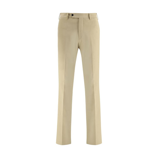 Germano Beige Cotton Chino Pants featuring mid-rise waist, front zipper, button closure, and side welt pockets, perfect for versatile styling.