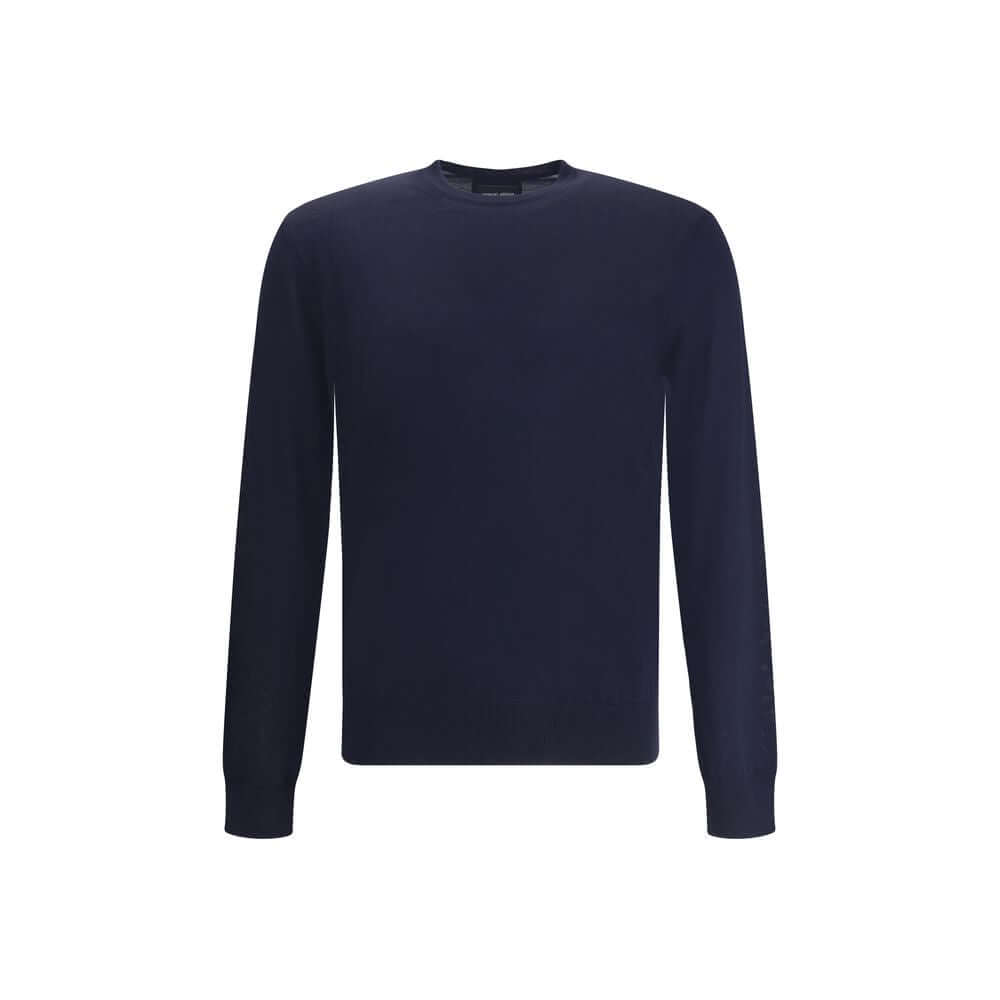 Giorgio Armani Blue Fleece Wool Sweatshirt with ribbed cuffs and hem, featuring a classic crew neck for a sophisticated look.