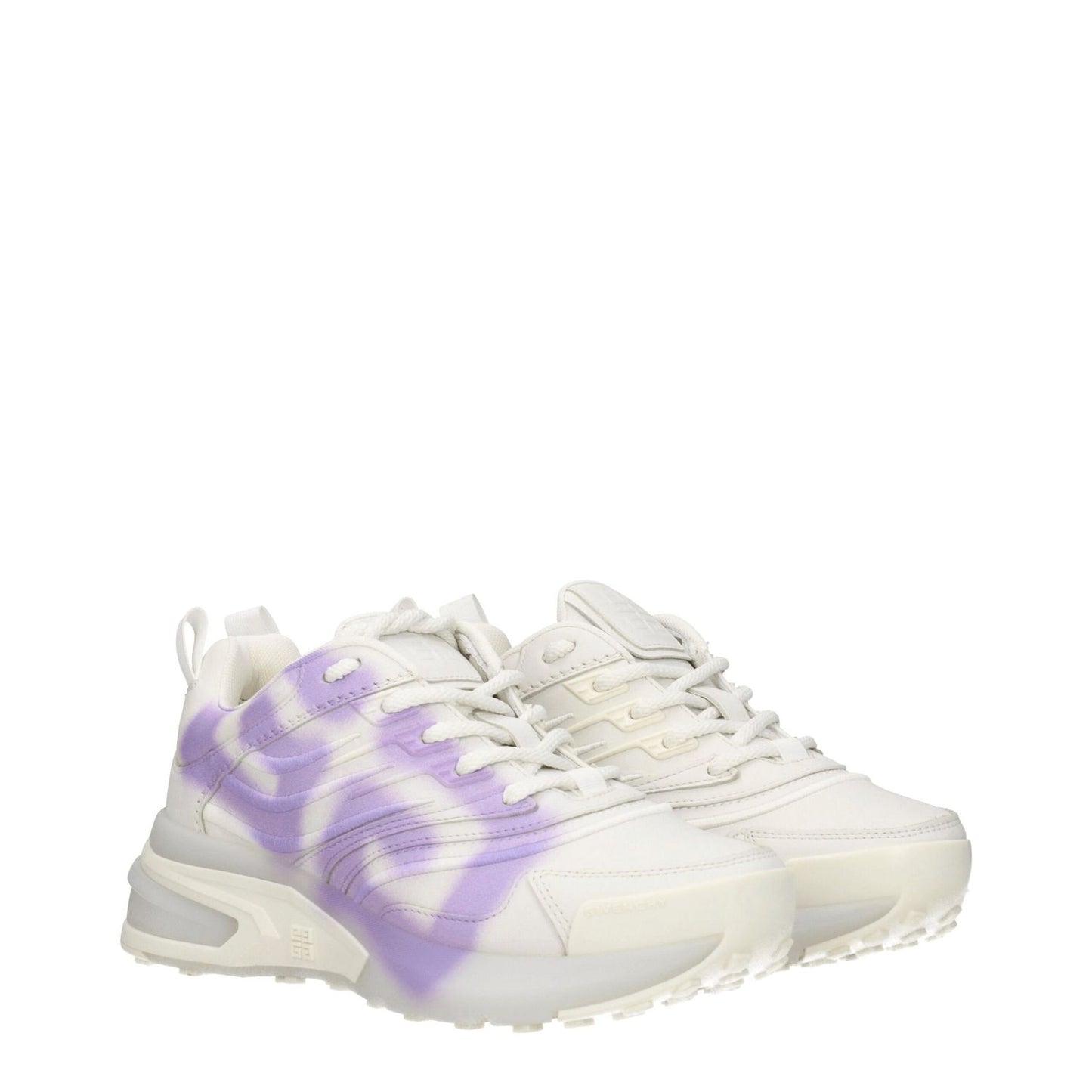 Givenchy Beige Leather Low Top Sneakers with lilac detail, featuring logos, lace-up closure, rubber sole, and mid heel for casual wear.