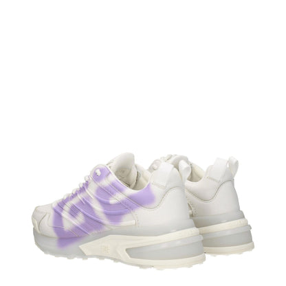 Givenchy Beige Leather Low Top Sneakers with lilac side detail, front and back logos, lace-up closure, rubber sole, and round toe.
