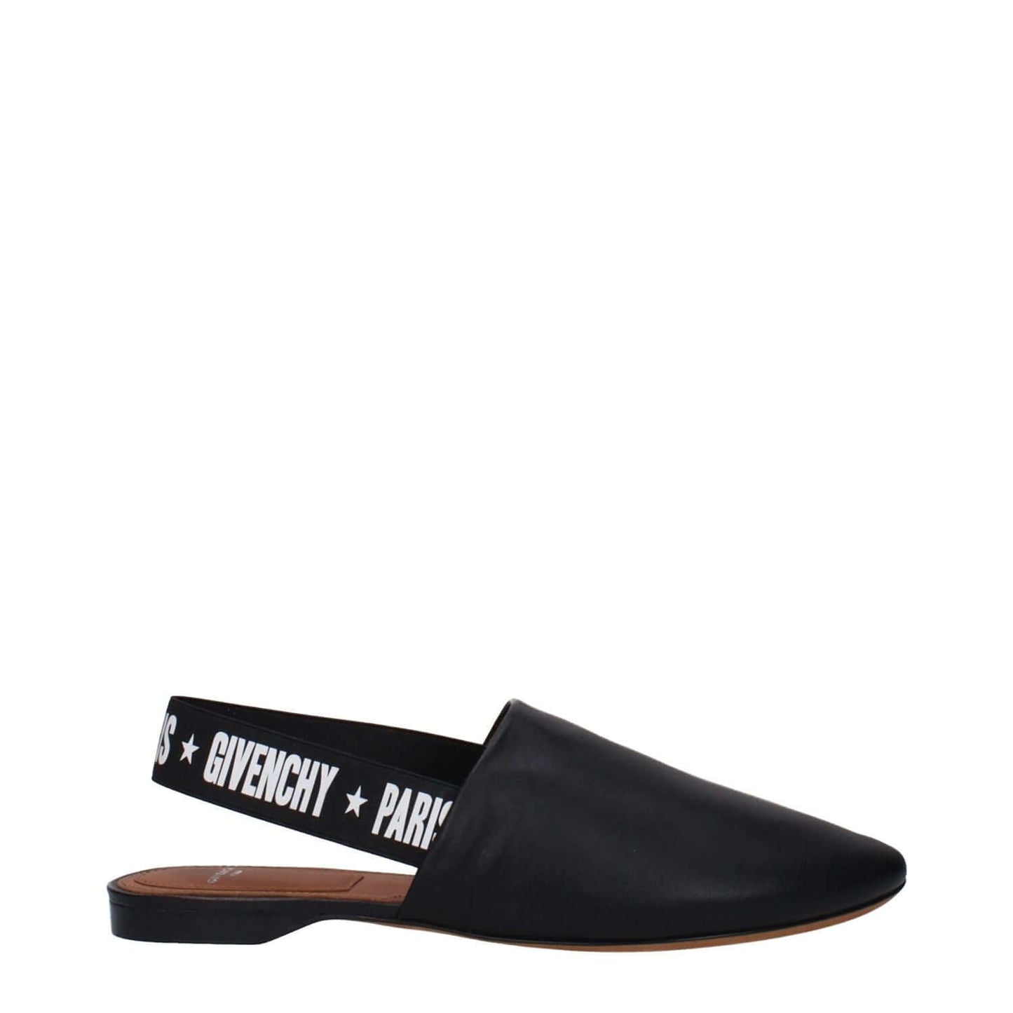 Givenchy Black Leather Slides with side and back logo, casual style, round toe, low flat heel, leather sole, featuring white accents.