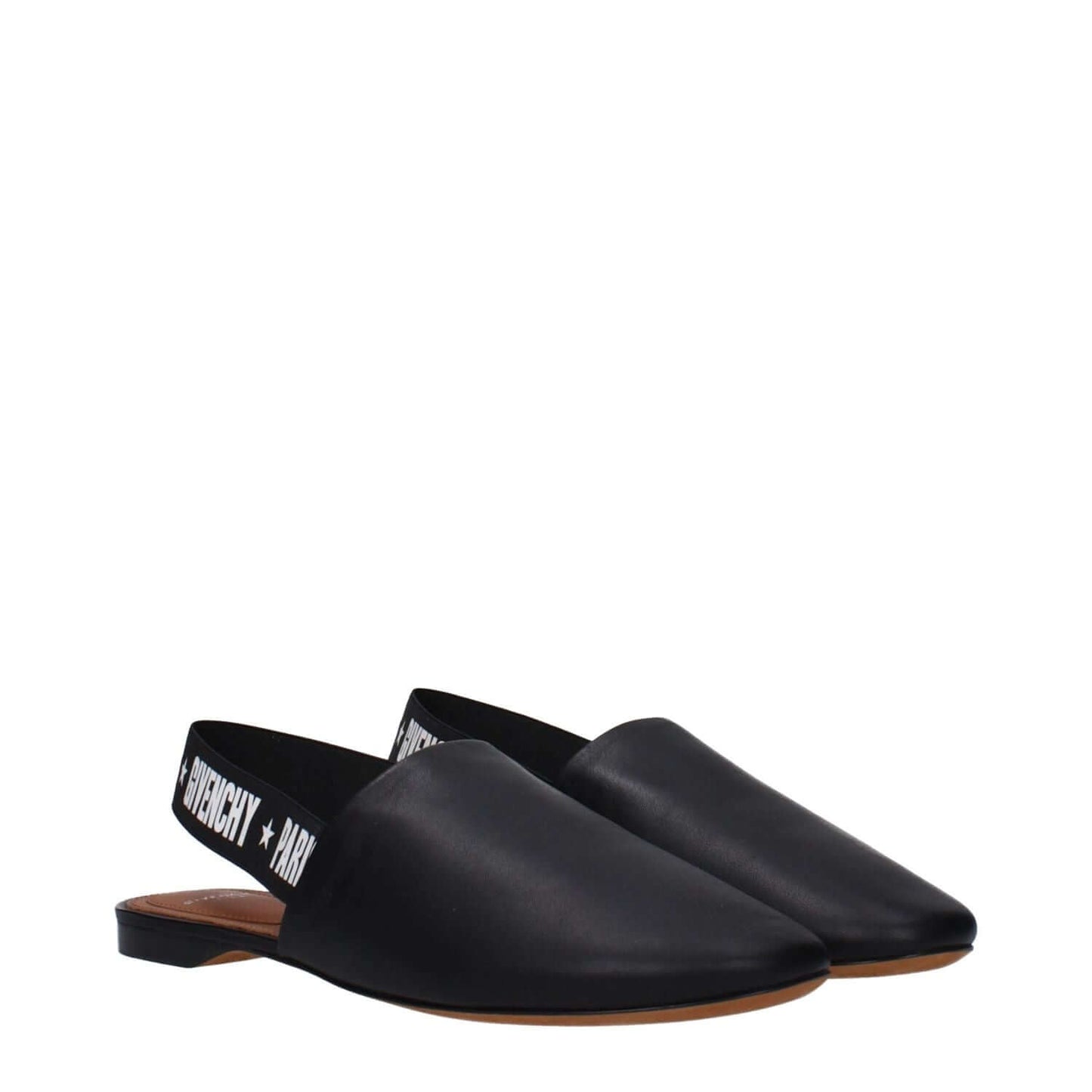 Givenchy Black Leather Slides with side and back logo, round toe, and low flat heel, featuring a casual style with black and white accents.