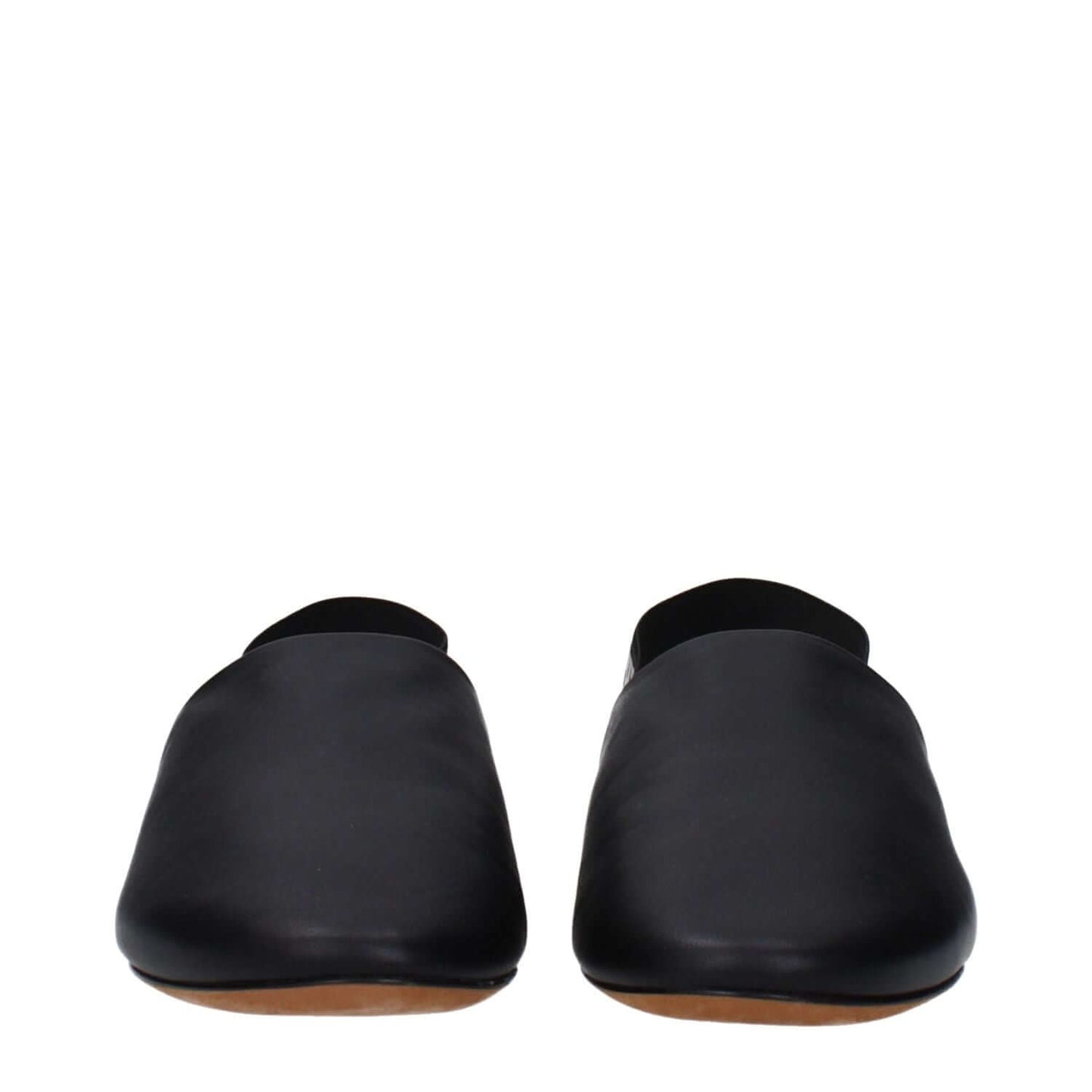 Front view of Givenchy Black Leather Slides showcasing the round toe and casual style, with side and back logos visible.