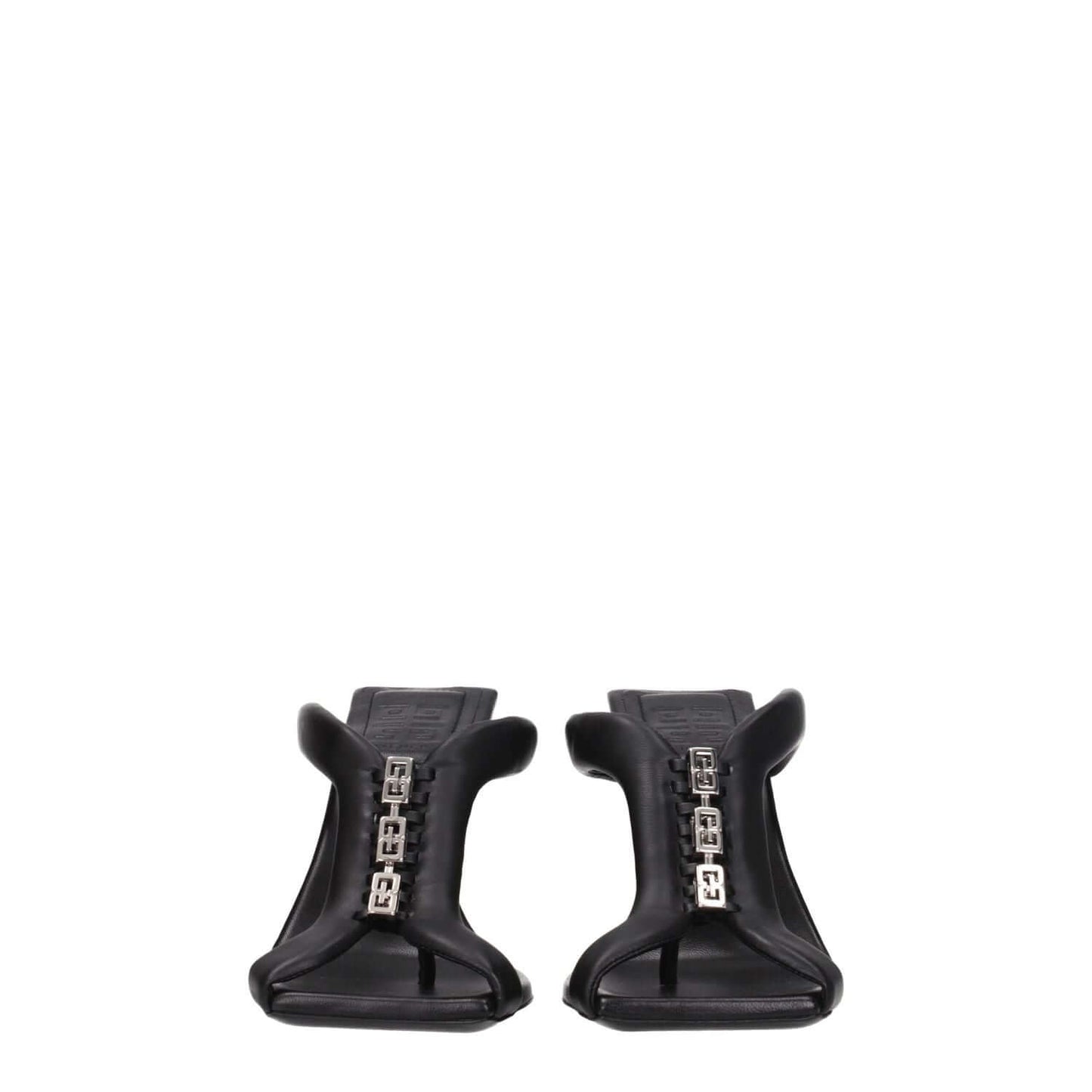 Givenchy Black Leather Stiletto Heel Sandals with silver logo, open toe, and high 9 cm heel. Casual style, leather sole. MPN: BE3077E1LE001