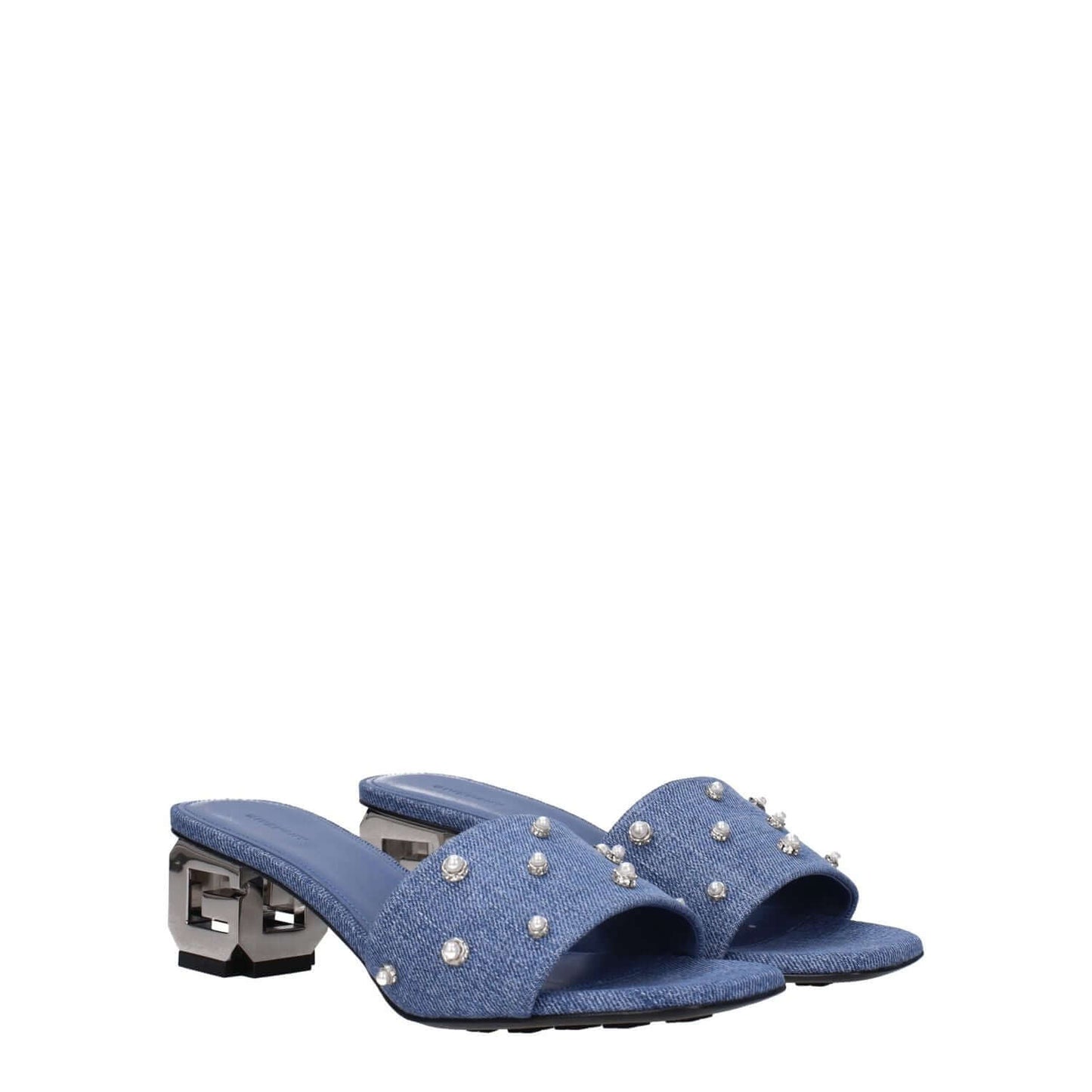 Givenchy Blue Fabric Sandals with side logo, beaded rhinestones, denim color, leather sole, open toe, mid heels, 4.5 cm heel height.