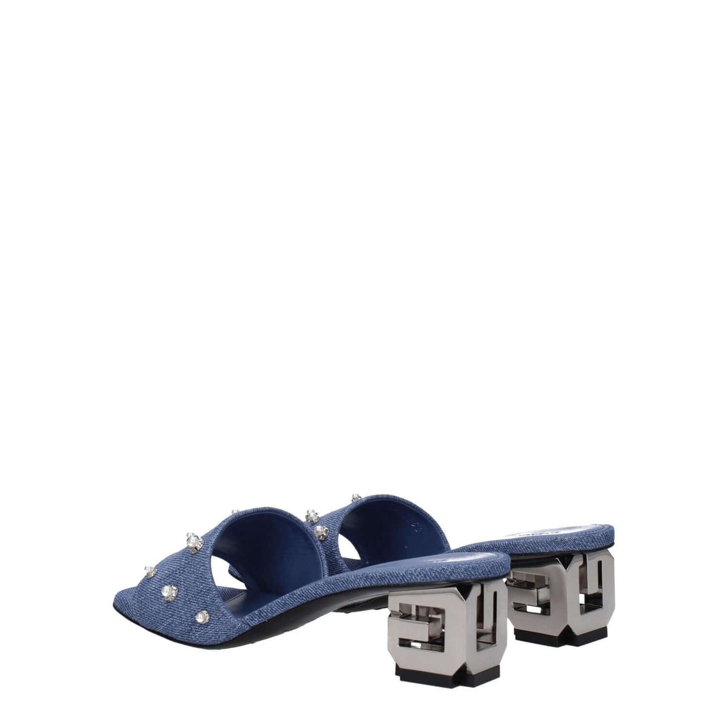Givenchy Blue Fabric Sandals with rhinestones, side logo, open toe, mid heels, leather sole, and denim secondary color.
