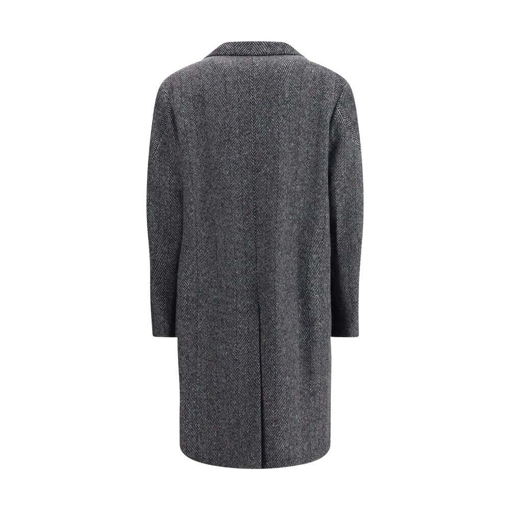Back view of Givenchy Gray Wool Coat with herringbone pattern and wide lapel, featuring three welt pockets, showcasing elegant outerwear style.