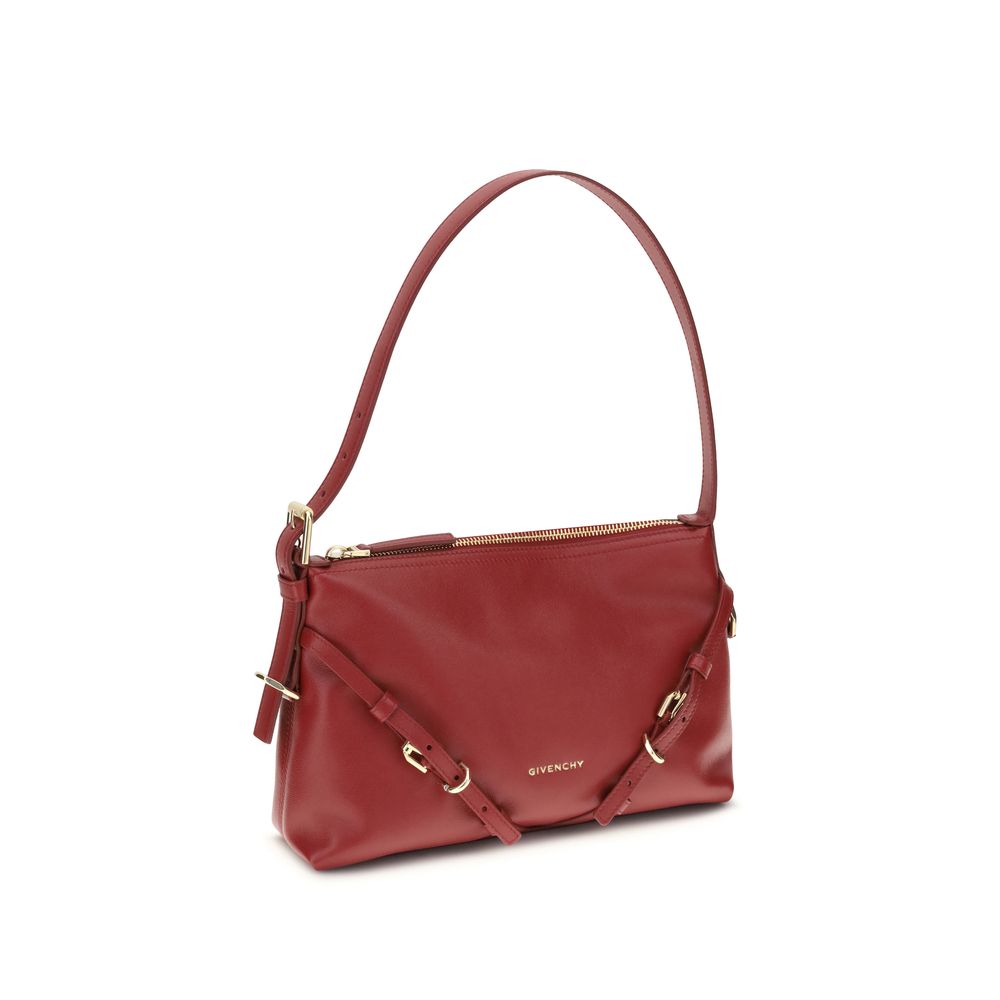Givenchy Red Calf Leather Bos Taurus Shoulder Bag with gold-tone details, adjustable strap, and GIVENCHY signature on the front