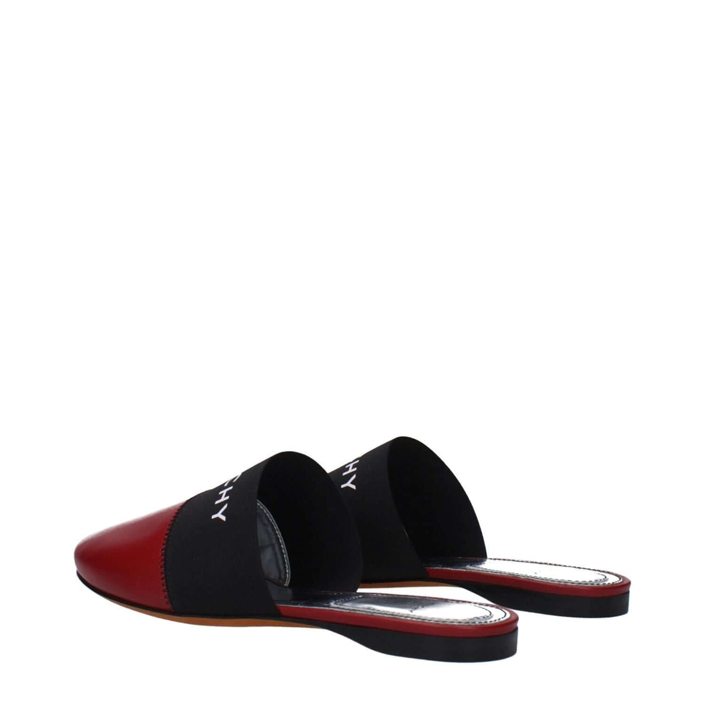 Givenchy Red Leather Slippers with front logo, round toe, and low flat heel, crafted in leather. MPN BE2002E01H607, casual style.