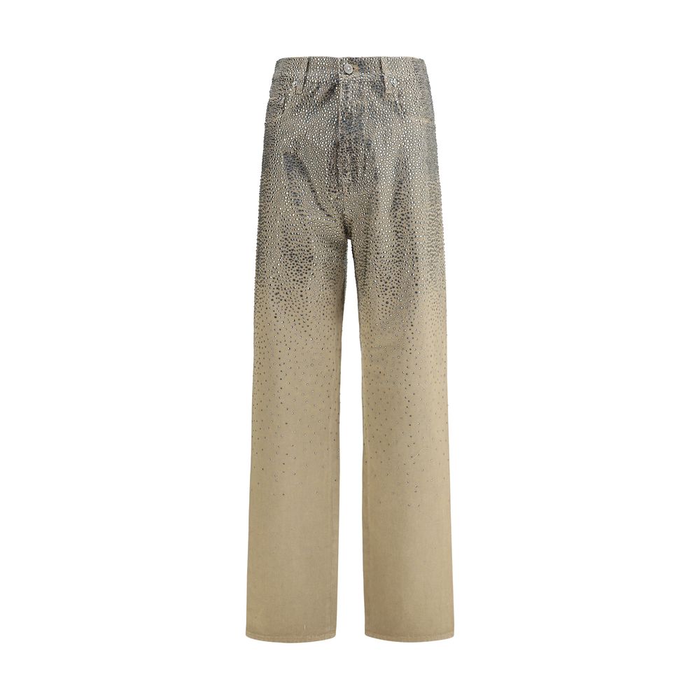 Golden Goose Bicolor Cotton Straight-Leg Jeans with rhinestones, five-pocket style, front zip-and-button closure