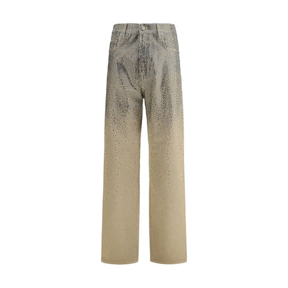 Golden Goose Bicolor Cotton Straight-Leg Jeans with rhinestones, five-pocket style, front zip-and-button closure