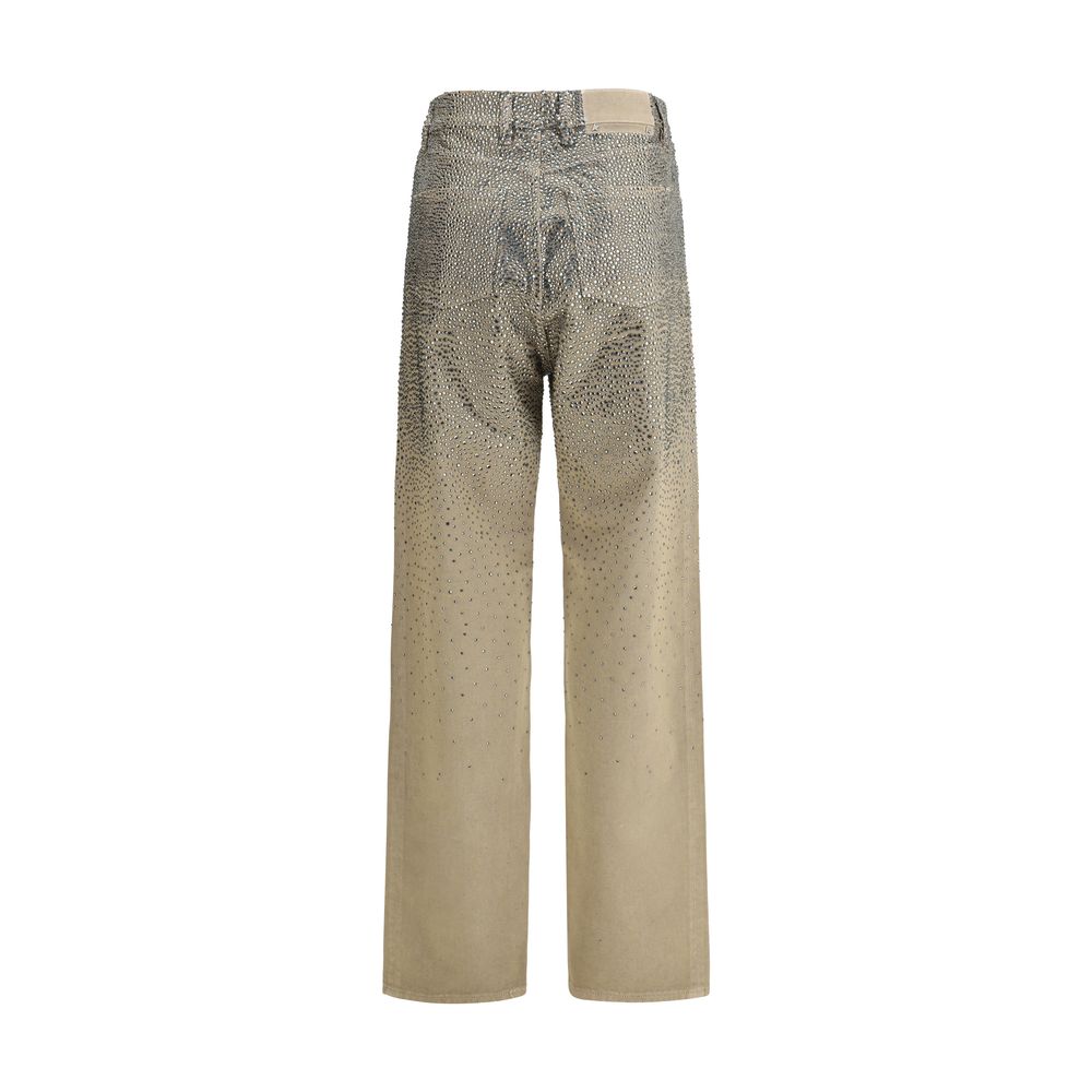 Golden Goose Bicolor Cotton Straight-Leg Jeans with all-over rhinestones, glamorous five-pocket style, back view.