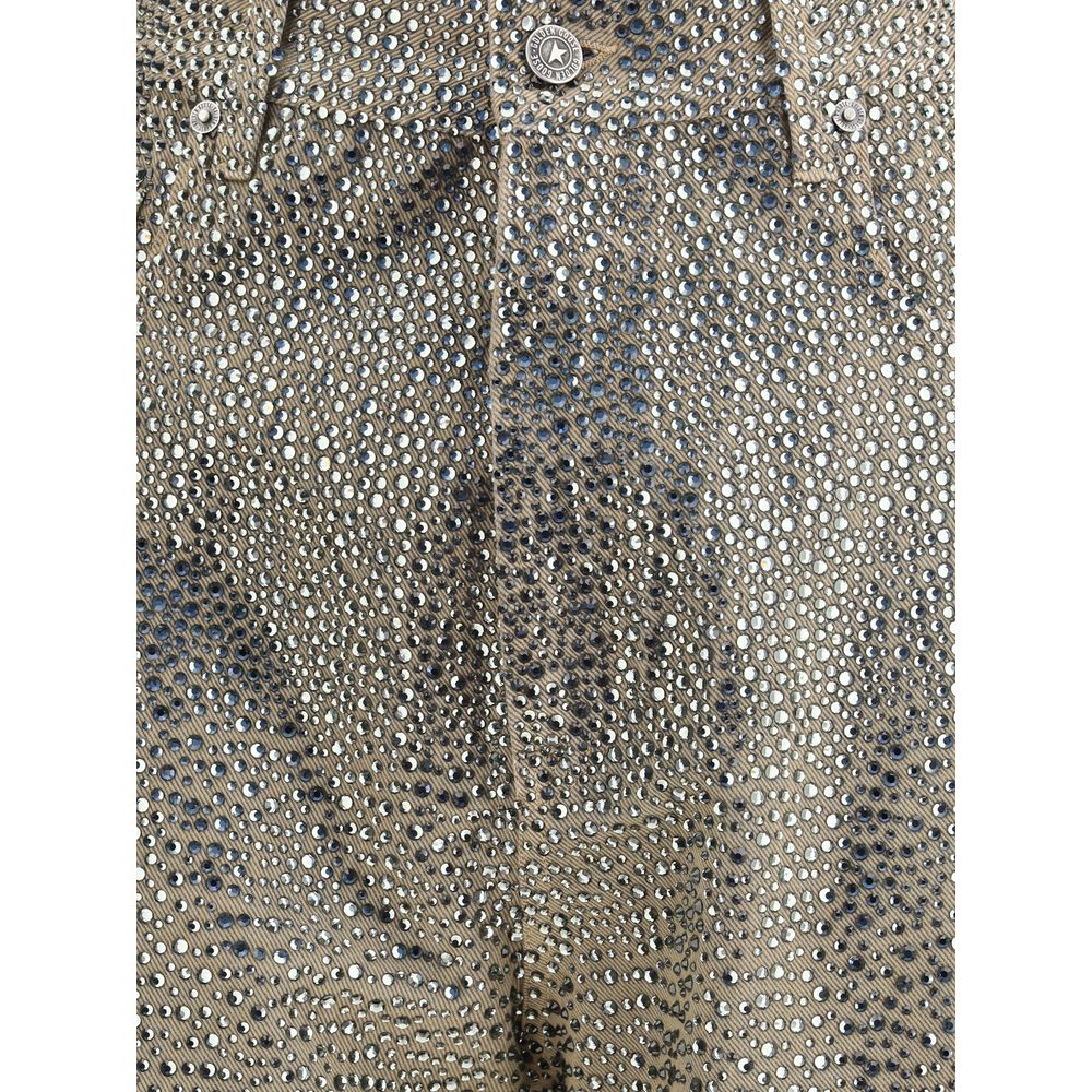 Golden Goose Bicolor Cotton Straight-Leg Jeans with rhinestone embellishments showcasing front zip-and-button closure.