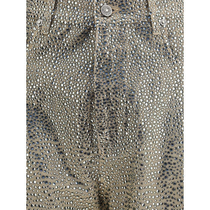 Golden Goose Bicolor Cotton Straight-Leg Jeans with rhinestone embellishments showcasing front zip-and-button closure.