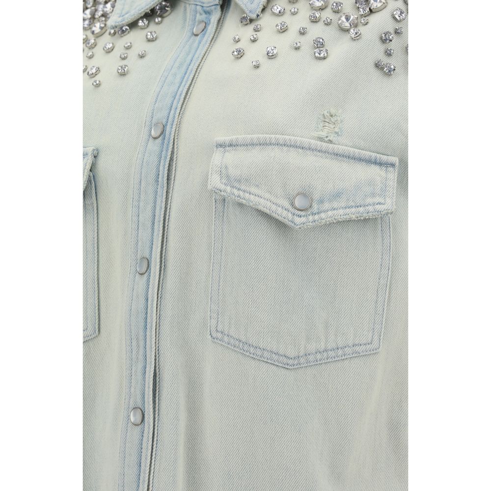 Golden Goose Blue Denim Shirt with beaded embellishments, featuring pearl snap buttons and two front patch pockets, made from 100% cotton.