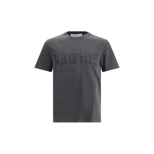 Golden Goose Gray Cotton T-Shirt with ribbed crew neck and embroidered patch, featuring a perforated monogram for vintage style.