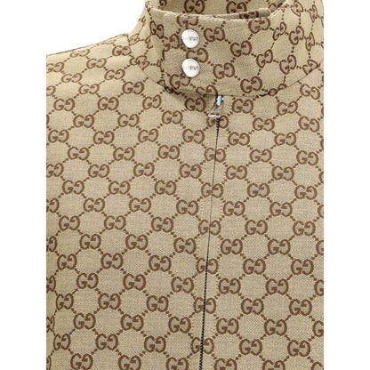 Gucci Beige Cotton Shell Jacket with iconic GG Supreme pattern, high collar, and snap buttons for a stylish AW25 season look.