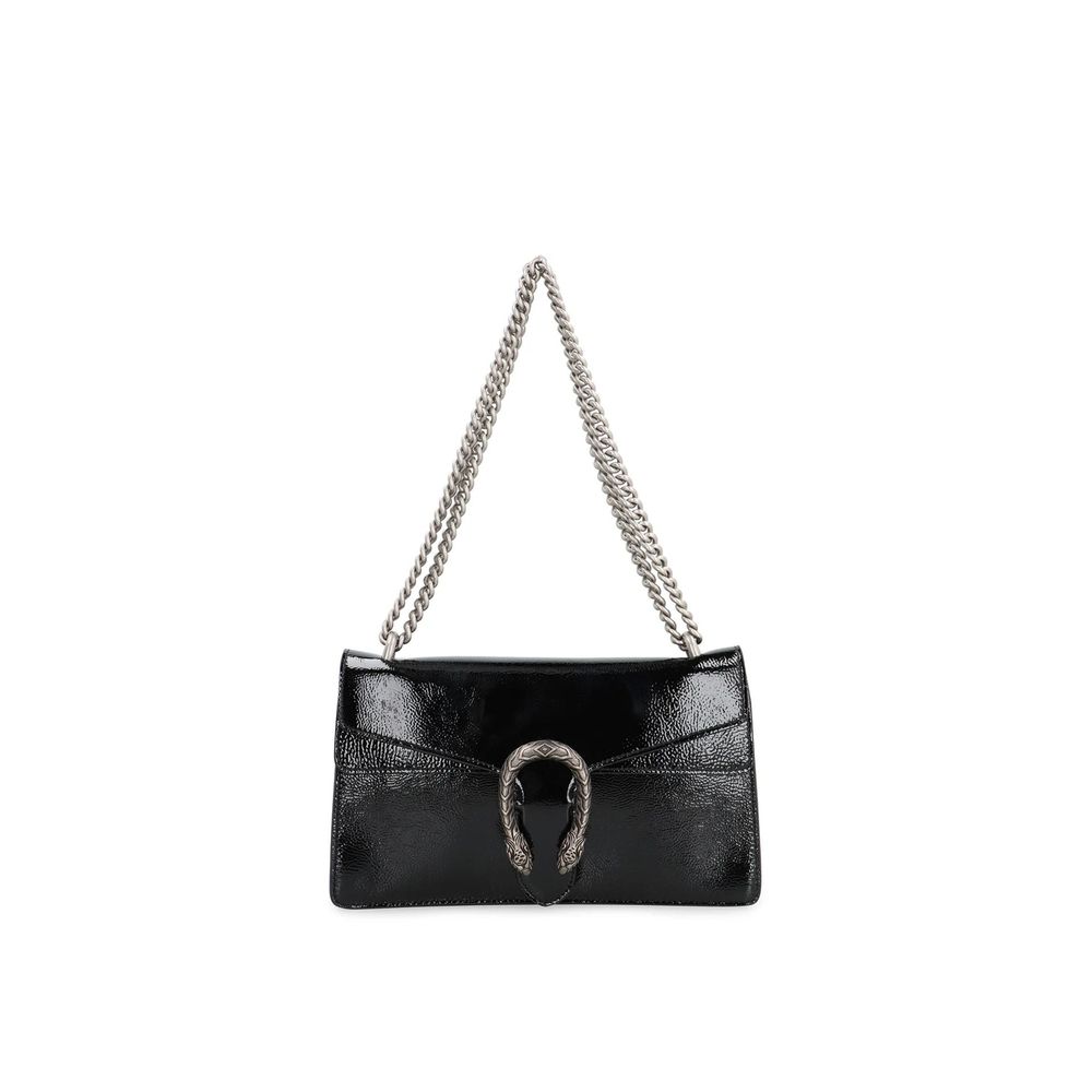 Gucci Black Calfskin Crossbody Bag with chain strap, silver-tone hardware, and flap pocket. Features calf leather and microfiber lining.